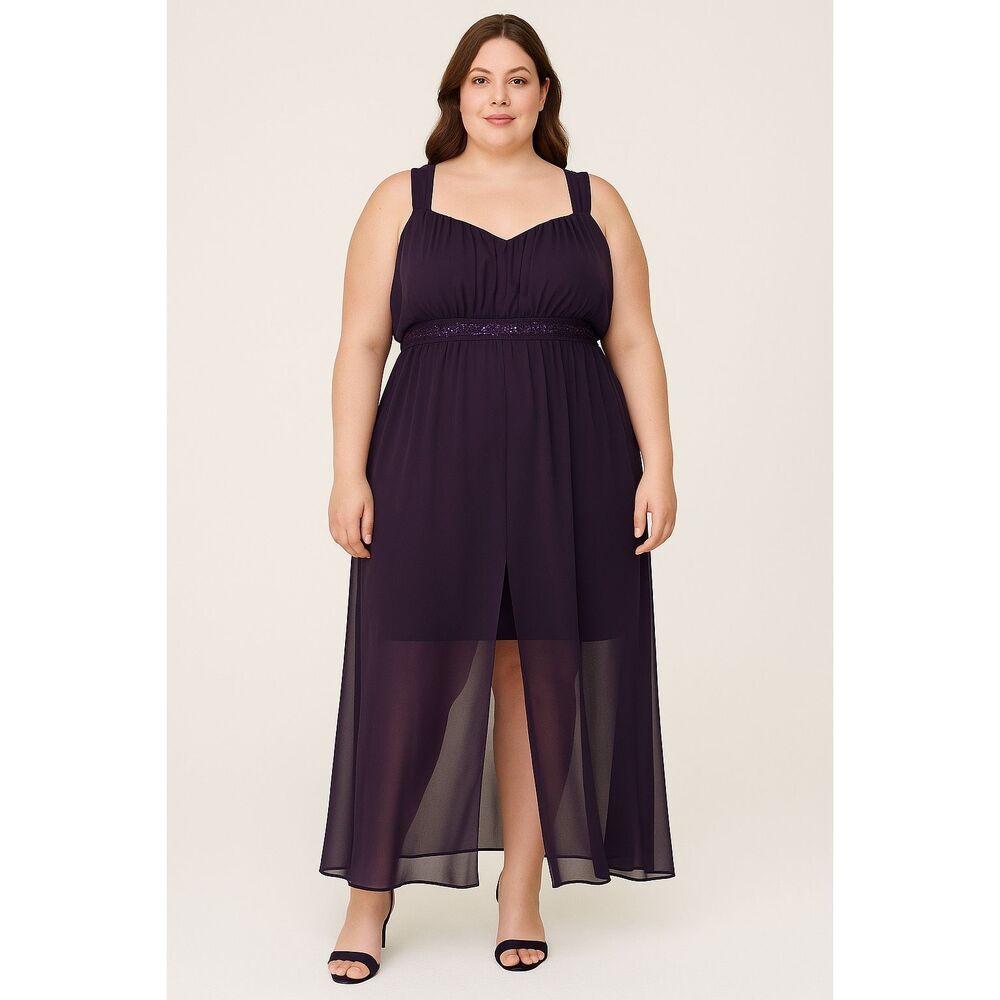 Connected Apparel Women 24W Eggplant Purple Embellished Sheer Overlay Maxi Dress